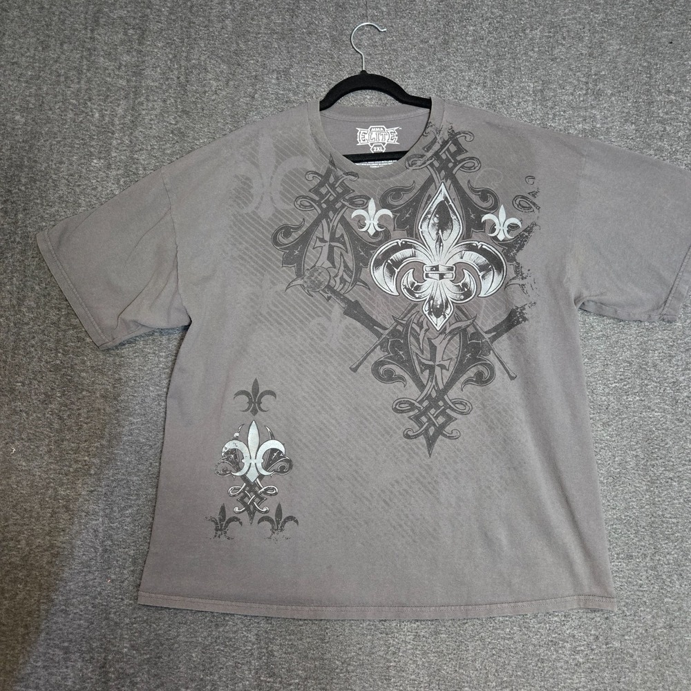 MMA Elite T‎ Shirt Size 2XL Gray Fleur De Lis Short Sleeve Y2K Grunge Goth AOP